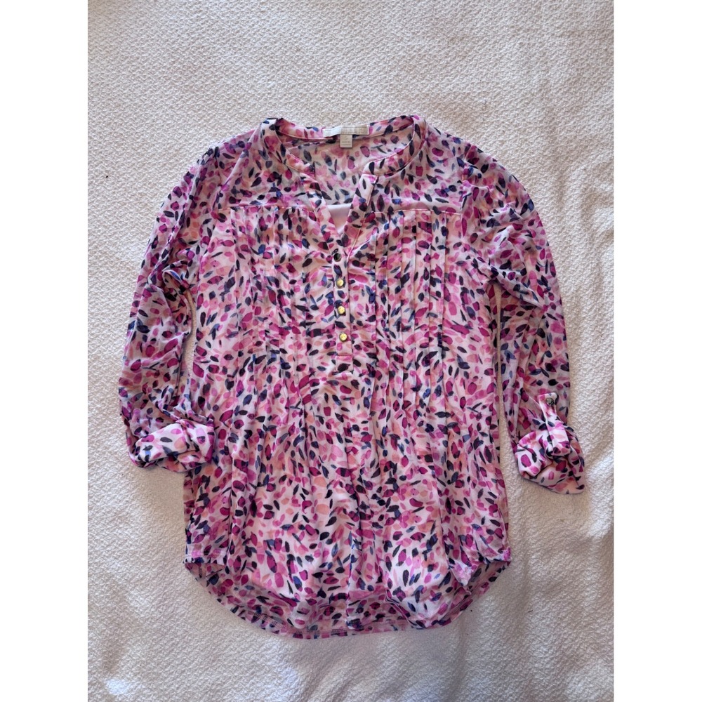 Juniper + Lime Pink Purple Abstract Mesh Pleated Roll Tab Blouse Small